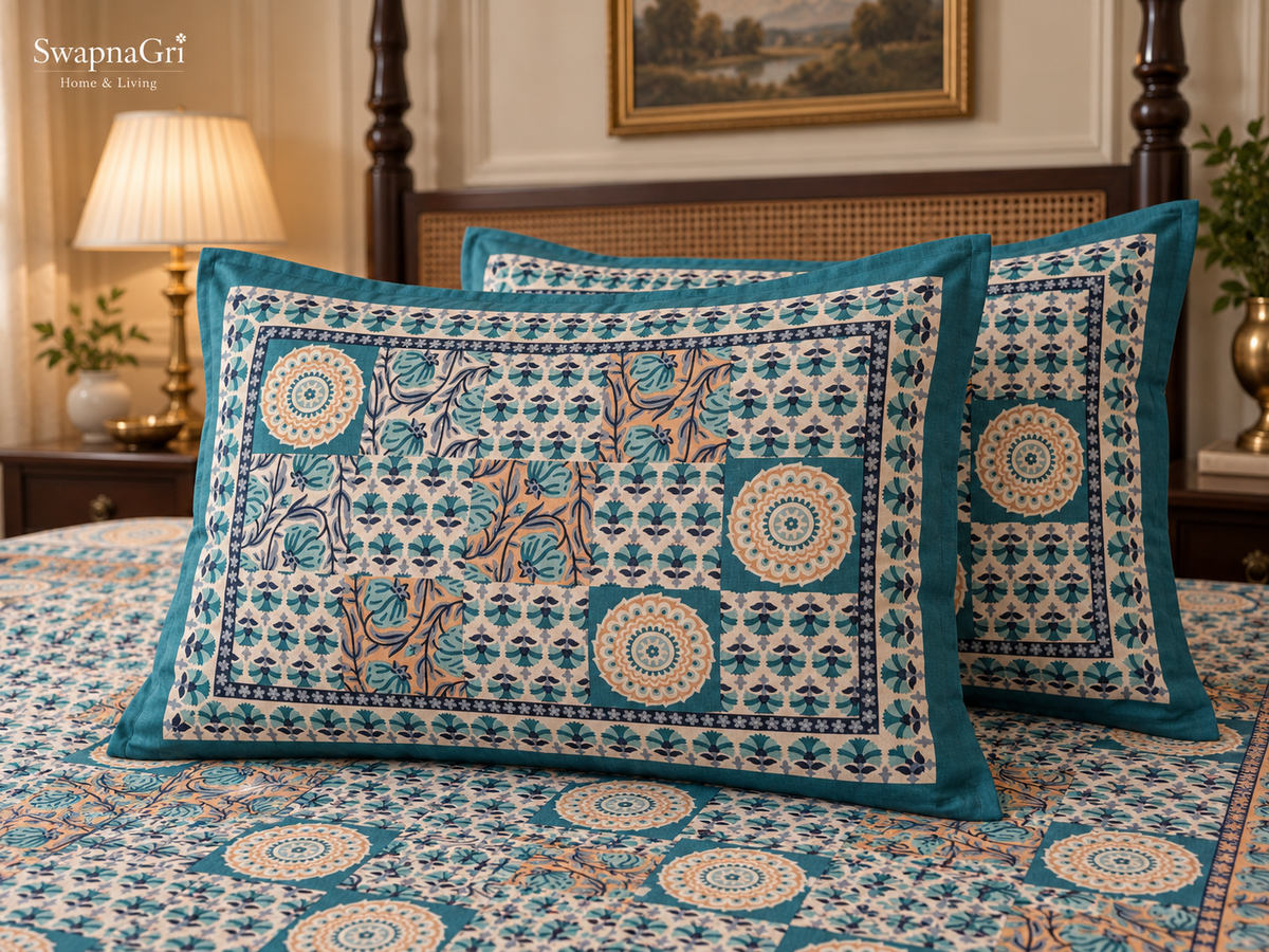 SwapnaGri Teal Blue Patchwork Floral cotton bedsheet matching pillow covers
