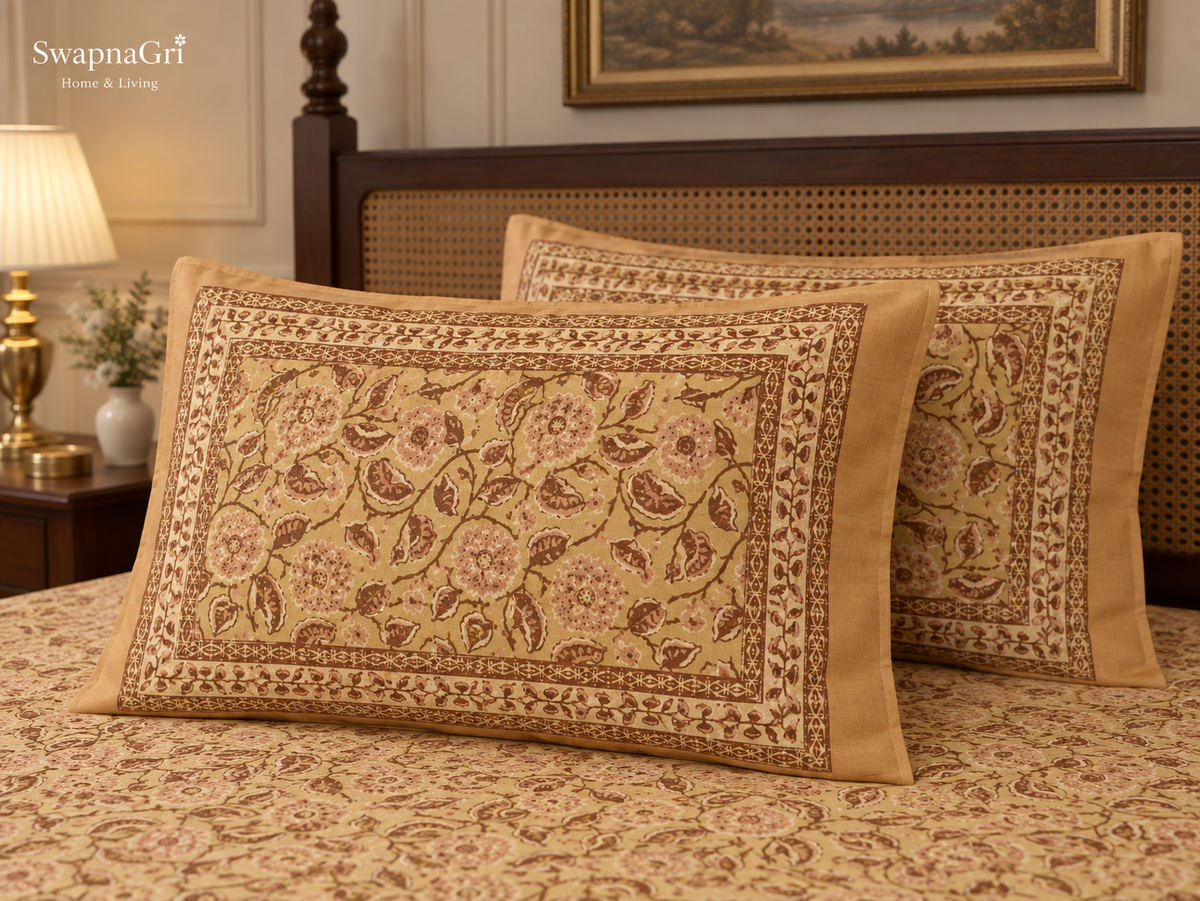 Close-up of SwapnaGri Warm Beige Brown Floral cotton bedsheet decorative border