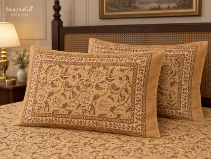 Close-up of SwapnaGri Warm Beige Brown Floral cotton bedsheet decorative border