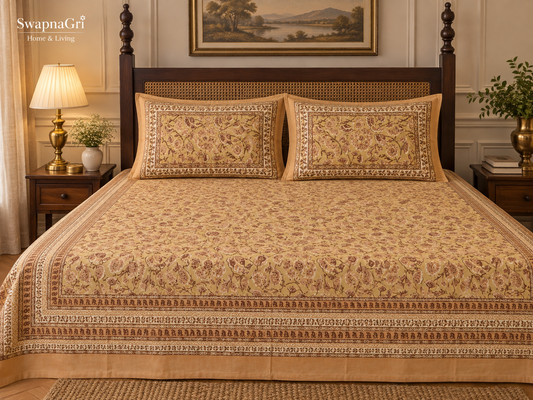SwapnaGri Warm Beige Brown Floral cotton bedsheet detailed pattern and matching pillow covers