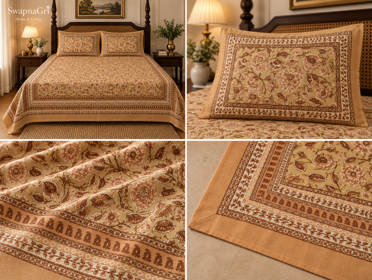 SwapnaGri Warm Beige Brown Floral Cotton King-Size Bedsheet with matching pillow covers