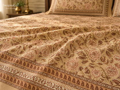 SwapnaGri Warm Beige Brown Floral cotton bedsheet matching pillow covers