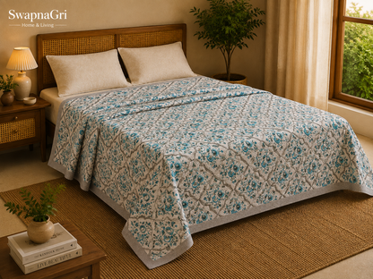 Tea Blue Floral Cotton Double Dohar by SwapnaGri