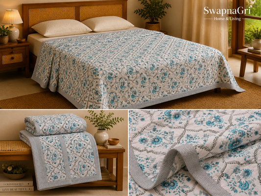 Close-up of Tea Blue Floral Cotton Double Dohar fabric and floral print