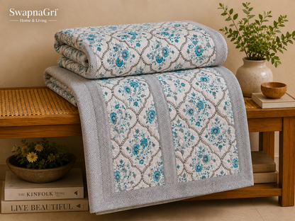 Folded Tea Blue Floral Cotton Double Dohar showing floral pattern and border
