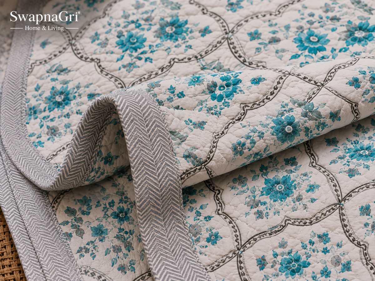 Tea Blue Floral Cotton Double Dohar styled on a double bed